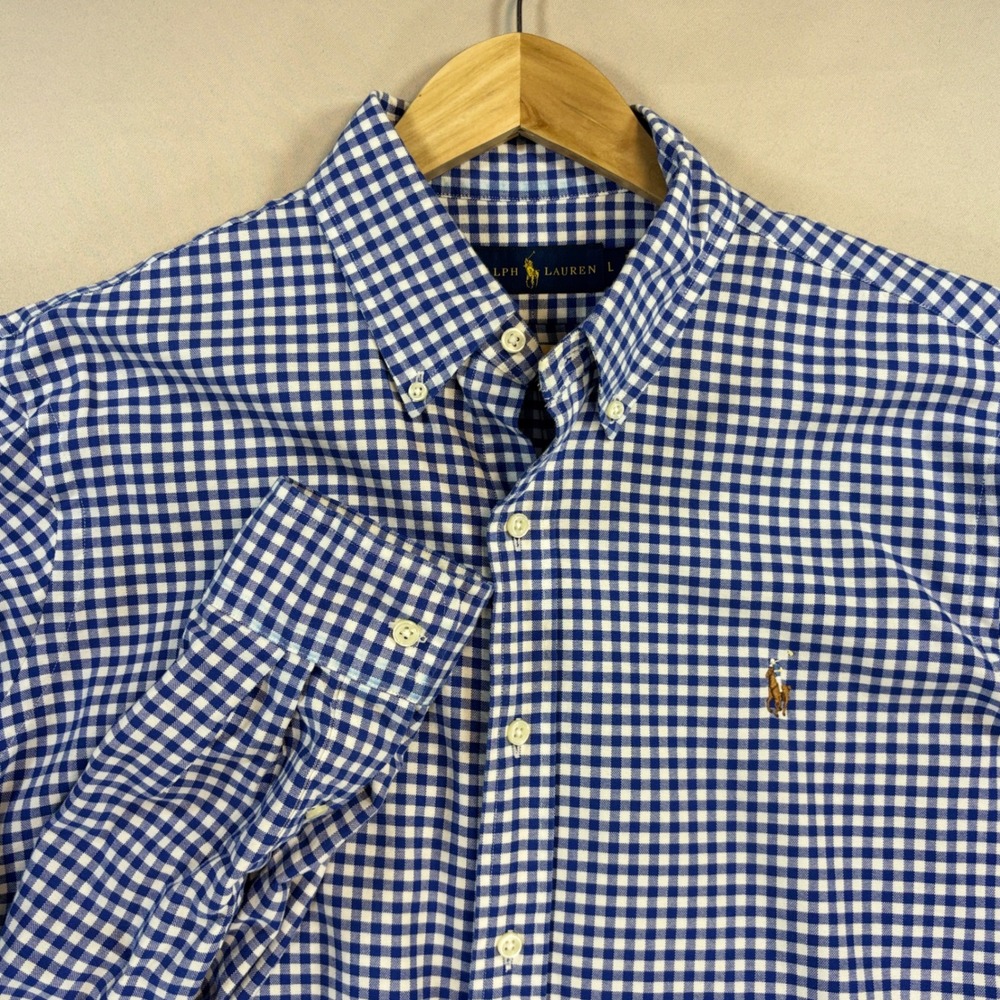 Ralph Lauren Gingham Shirt Mens L Blue White Check Button Long Sleeve Office